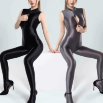 Womens Wetlook Satin Catsuit Yoga Footed Pants Bodysuit Zipper Crotch Jumpsuits - £16.63 GBP