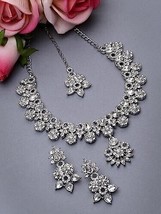 Rhodium Plated Silver AD Stone Floral Collar Bone Necklace Set Kundan Jewelry - £16.61 GBP