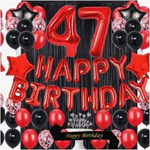 Sparkling 47th Birthday Bash Kit: Red &amp; Black Decorations, Happy Birthday Cake T - £27.56 GBP