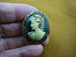 (CS26-18) Left Facing Mature LADY hunter green CAMEO Pin Pendant with long hair - £23.29 GBP