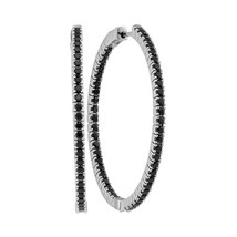 14k White Gold Womens Round Black Sapphire Slender Inside Outside Hoop Earrings - $1,499.00