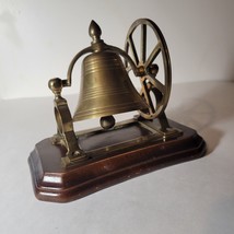 Vintage Solid Brass Bell with Hand Pulley Wheel - Wooden Base - £30.89 GBP