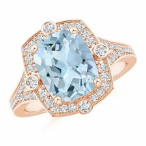 ANGARA Art Deco Inspired Cushion Aquamarine Ring with Diamond Halo - £1,410.52 GBP