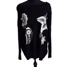 Chaps Womens Sweater 1X Black White Embroidered Flowers Long Sleeve  - £19.71 GBP