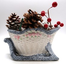 VTG Christmas Sleigh Planter Candy Dish Holly Berries Blue Speckle Sleig... - $29.99