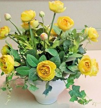 Beautiful Artificial Silk Yellow Roses w/ Greenery Arrangement In White Pot - £47.67 GBP