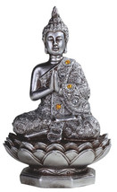 Buddha Lotus 88307 Meditating Praying Anjali Mudra Silver Resin 6.25&quot; H - £21.38 GBP