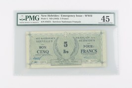 1943 Neuf Hebrides 5 Francs CXF-45 Urgence Émission WWII Choix Très Fin P #1 - £247.54 GBP