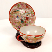 Antique Tea Cup &amp; Saucer Wood Display Stand Hand Painted Japanese Geisha Red - £35.10 GBP