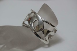 925 Sterling Silver Wave Open Cuff Wide Bracelet Signed &quot;WM&quot; Unknown Designer - £179.34 GBP