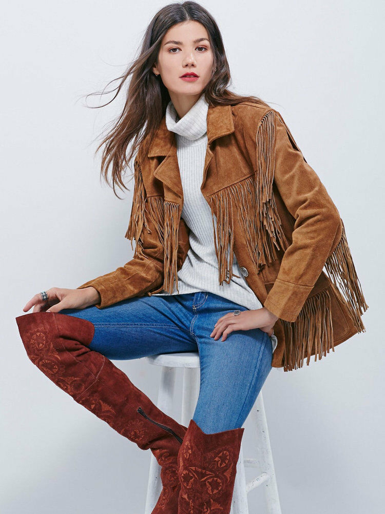 Women's Brown Color Western Style Fringed Coat Suede Leather Handcrafted Jacket