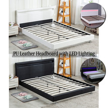 Full/Queen Bed Frame Mattress Foundation Wood Slats Platform &amp; LED Headboard - £55.96 GBP+