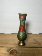 Vintage Solid Brass Clouisonne Enamel Christmas Bud Base Poinsettia India 6” - $15.88