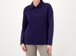 Denim &amp; Co. Active French Terry Collared Henley Pullover- Navy, LARGE (A568443) - £19.76 GBP