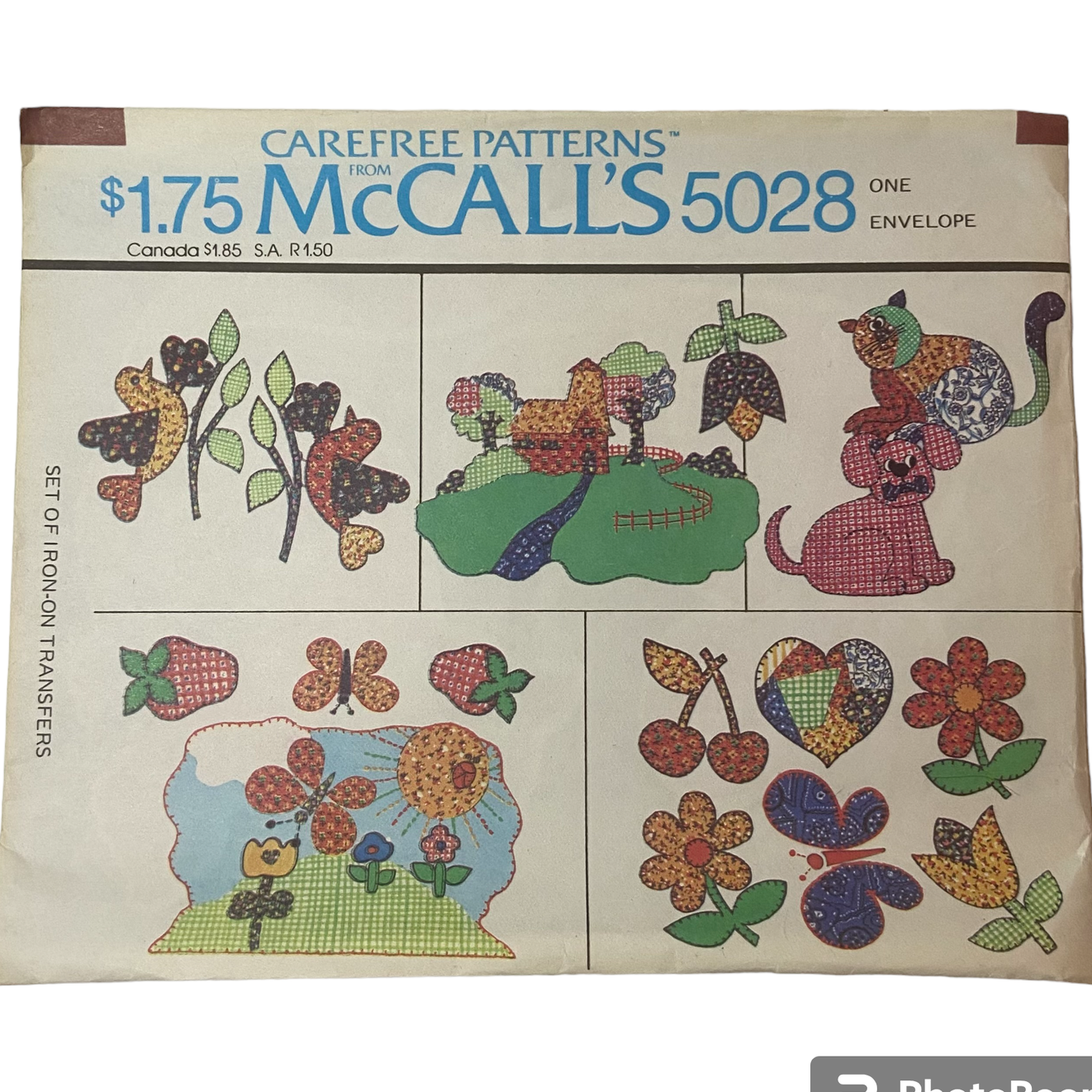 Primary image for 1976 McCalls 5028 Set of Iron On Transfers Strawberry Cat Dog Cherry Bird