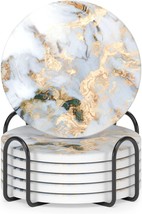 Nipichsha Drink Coasters, Round 4&quot;, White Gray Gold, Set Of 6, Marble Absorbent - $40.14