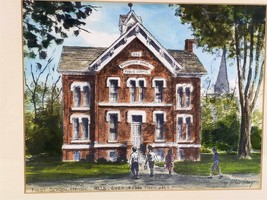 Evergreen Park ILL First School House 1875 Gray&#39;s Watercolor Framed Print - £55.39 GBP