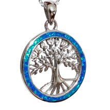 Tree of Life Blue Opal Pendant Necklace 925 Sterling Silver 18&quot; Chain &amp; ... - £40.58 GBP