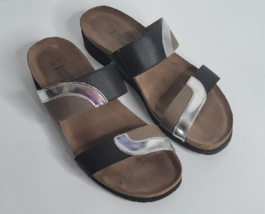 Naot Frankie Silver Mirror Black Khaki Slip On Sandals 37/6 Slides Double Strap - £39.37 GBP