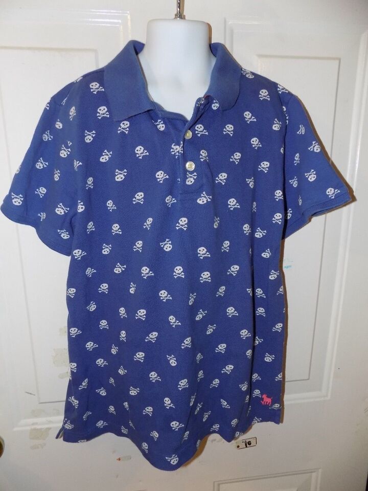 Mini Boden Blue Polo Shirt Skull Pattern Size 11 /12 Y Boy's EUC HTF - $14.60