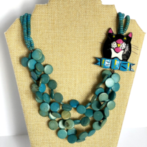 Carved Cartoon Cat Lacquer Wood Whiskers Multi Strand Turquoise 25in Necklace - £39.83 GBP