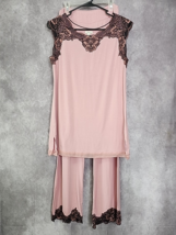 Soma Cool Night Pajama Set Top XS Pants XS Long Pink Black Lace Sexy Lin... - $22.99