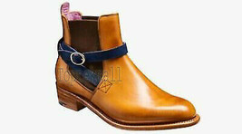 Handmade Women&#39;s Leather Three Tone Tan Brown Blue Monk Buckle Strap Boots-625 - £163.66 GBP