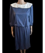 NEW VTG 80s Blue Polyester Dress White Peter Pan Collar By Jenny USA Siz... - $411.83 MXN