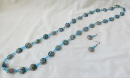 Vtg Millefiori glass bead necklace &amp; earrings set Pierced Blue/PInk 39&quot; - £35.31 GBP