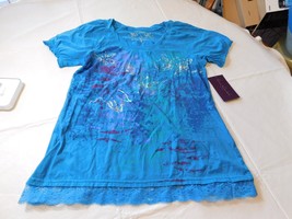 Gloria Vanderbilt womens missy short sleeve Shirt S small turquoise blue floral - £14.57 GBP