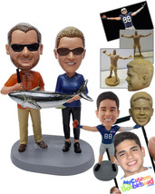 Personalized Bobblehead Fishing couple holding a huge fish wearing casual sporty - £122.75 GBP