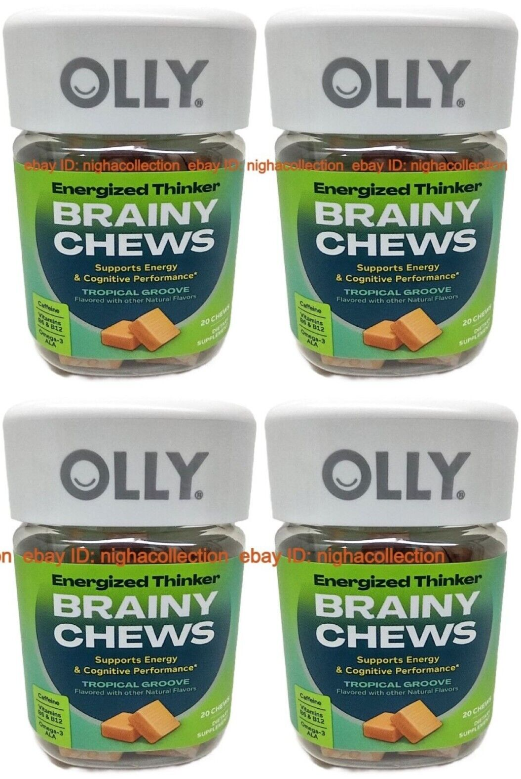 4x OLLY Focused thinker Brainy Chews TROPICAL GROOVE 20-ct IN A BOTTLE B... - $44.43