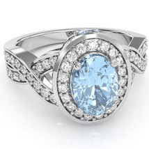 Three Stone Aquamarine Diamond Peekaboo Halo Engagement Ring In 14k White Gold - £678.65 GBP