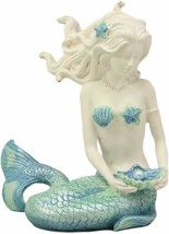 Nautical Aqua Capiz Blue Tailed Mermaid Ariel Holding Pearl In Clam Shell Statue - £19.91 GBP