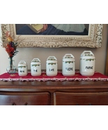 Set of 6 old porcelain spice jars with vine decor, circa 1940 - $57.19 CAD