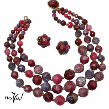 Vintage Kramer Triple Strand Bead Necklace w Clip On Cluster Earrings - Hey Viv - £30.37 GBP