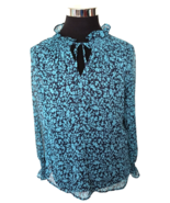 Loft Blouse Women&#39;s Size Large Pullover Teal Floral/Navy Blue Rufflee Ne... - £11.40 GBP