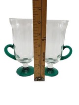 Pier One Pedestal Clear Coffee Mugs Cups Hand Blown Green Handle Footed - £16.03 GBP