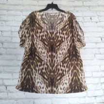 Liz Claiborne Blouse Womens XL Animal Print Short Sleeve Ruched Tied Shoulders - £12.65 GBP