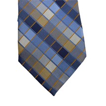 Geoffrey Beene Mens Necktie 100% Silk Neck Tie Blue-Gold Checkered 59&quot; - £8.13 GBP