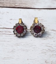 Vintage Clip On Earrings Dainty Red Gem with Gem Halo Dulled Stones &amp; Loose Clip - £5.56 GBP