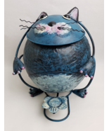 Cat Shaped Folk Art Metal Waste Basket Trash Hands Free Blue Flower Bucket 15" H - £47.03 GBP