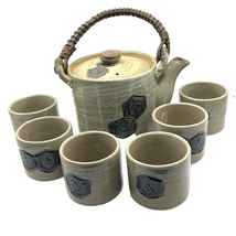 Vintage Japanese Stoneware Tea Set Teapot with Six Cups Brown Geometric Shapes - £26.47 GBP