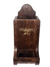 Vtg Wooden Wall Mounted Hanging Long Match Box Holder Fireplace Brass Eagle - $20.44