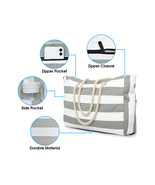 Dark Grey Striped Rope Handle Canvas Large Tote Bag - $23.83 CAD