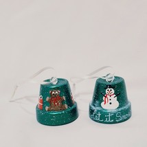 Pair Miniature Terra Cotta Flower Pot Hand Painted Christmas Ornaments 1.5&quot; Bear - £14.93 GBP