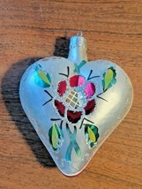 Christmas Floral Glitter Heart Mouth Blown Hand Painted Glass Ornament Poland - £11.57 GBP