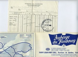 Auberge du Faubourg Brochure &amp; Receipt Saint Jean Port Joli Quebec Canada 1953 - £19.76 GBP