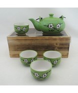 Green Ceramic Floral Tea Set Teapot &amp; 4 Teacups in Wood Box Heuschen &amp; S... - $29.39