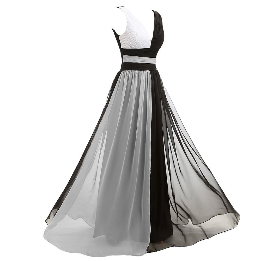 Kivary V Neck Long Black and White Chiffon Pleats Simple Prom Evening Dresses Gr